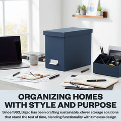 Bigso John Fiberboard Label Frame Desktop File Storage Box, Document Organizer for Paperwork, Hanging File Box w/ Lid - 7.36 x 13.38 x 10.51 in