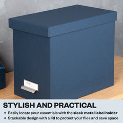 Bigso John Fiberboard Label Frame Desktop File Storage Box, Document Organizer for Paperwork, Hanging File Box w/ Lid - 7.36 x 13.38 x 10.51 in