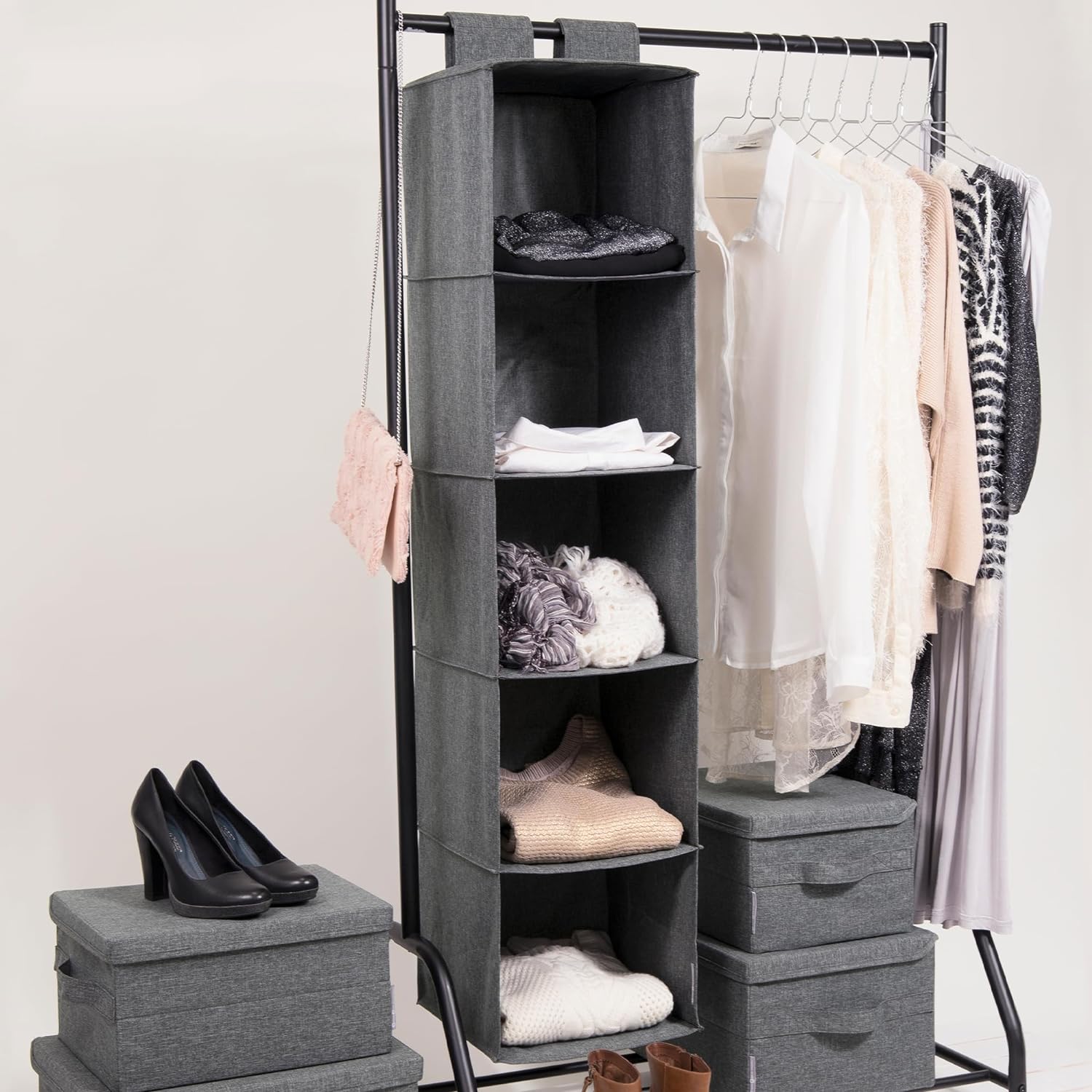 Bigso Soft Storage Hanging Closet Organizer for Closet Rods | 11.8” x 11.8” x 52.6”