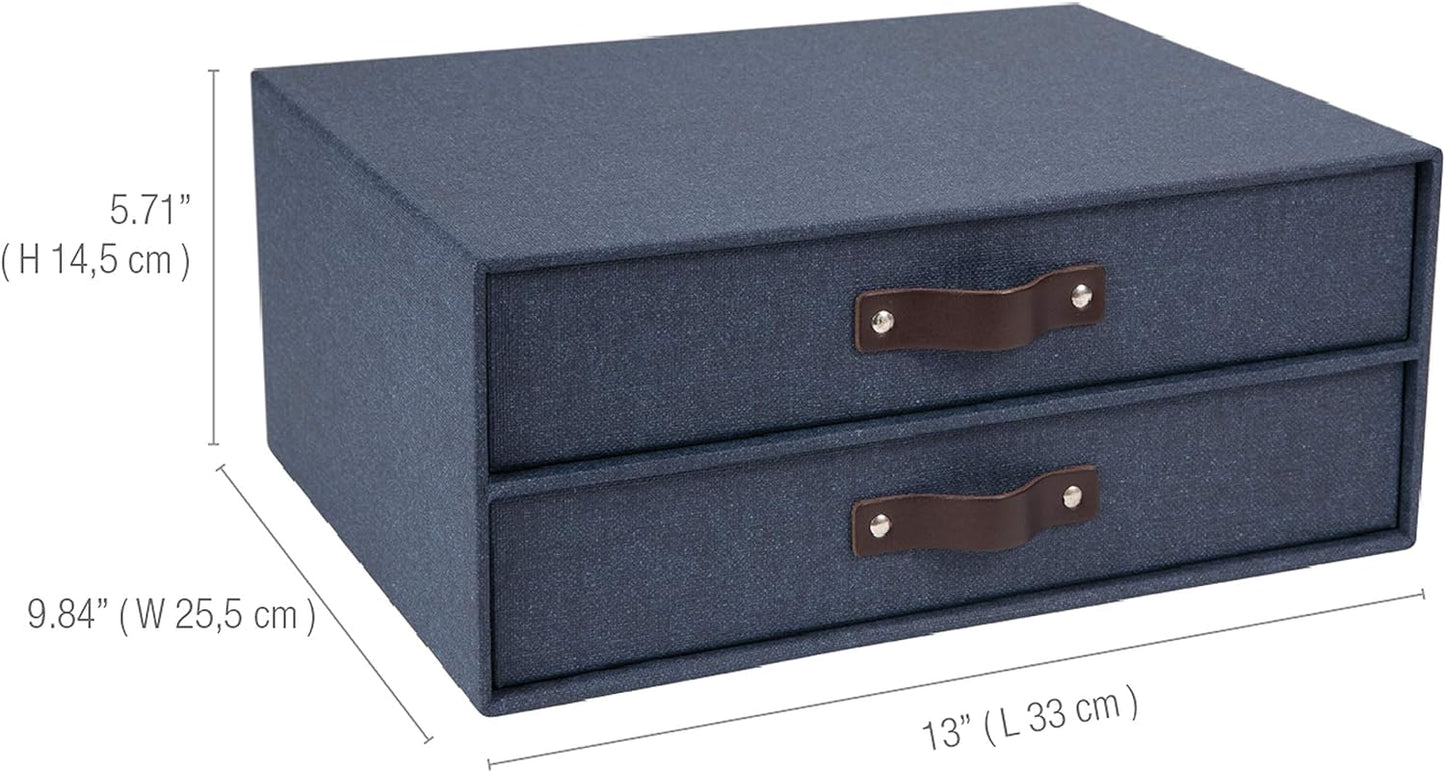 Bigso Birger Blue 2-Drawer Canvas Fiberboard Easy Pull Handle Box 5.7" x 13" x 9.8"