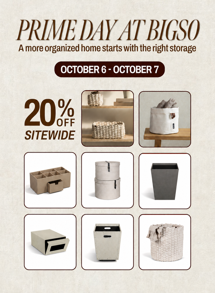 Promotional graphic for Bigso storage products featuring a 20% off sitewide Prime Day sale. The beige background displays various home storage items including fabric bins, baskets, and boxes in a grid layout with promotional text.