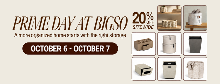 Promotional banner for Bigso storage products featuring the text 'PRIME DAY AT BIGSO' and '20% OFF SITEWIDE' with a date banner 'OCTOBER 6 - OCTOBER 7'. The right side shows a grid of various home storage bins and organizers in neutral beige, white, gray, and brown tones.