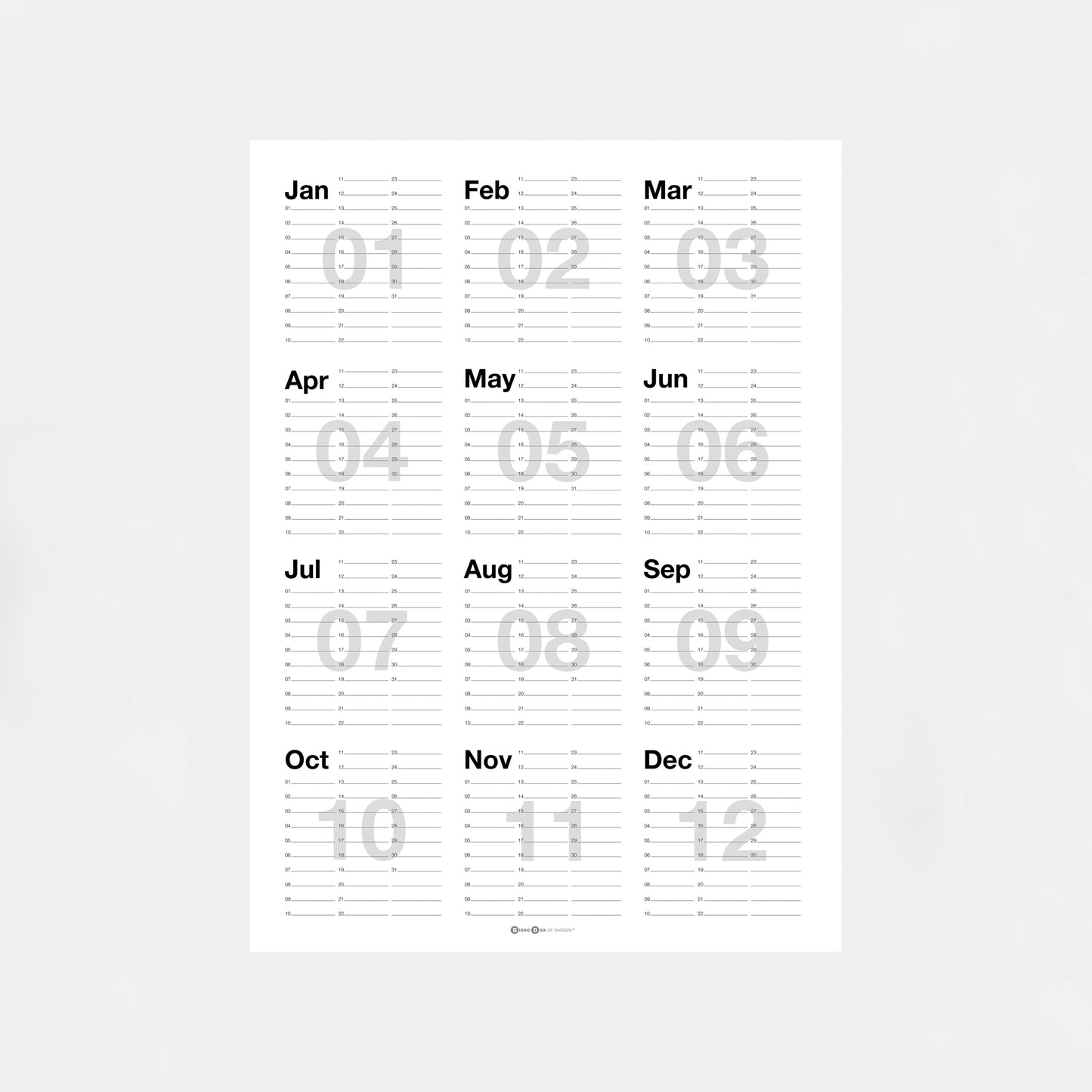 Bigso Yearless Wall Calendar | 12 Month Large Wall Calendar | 150gsm Paper